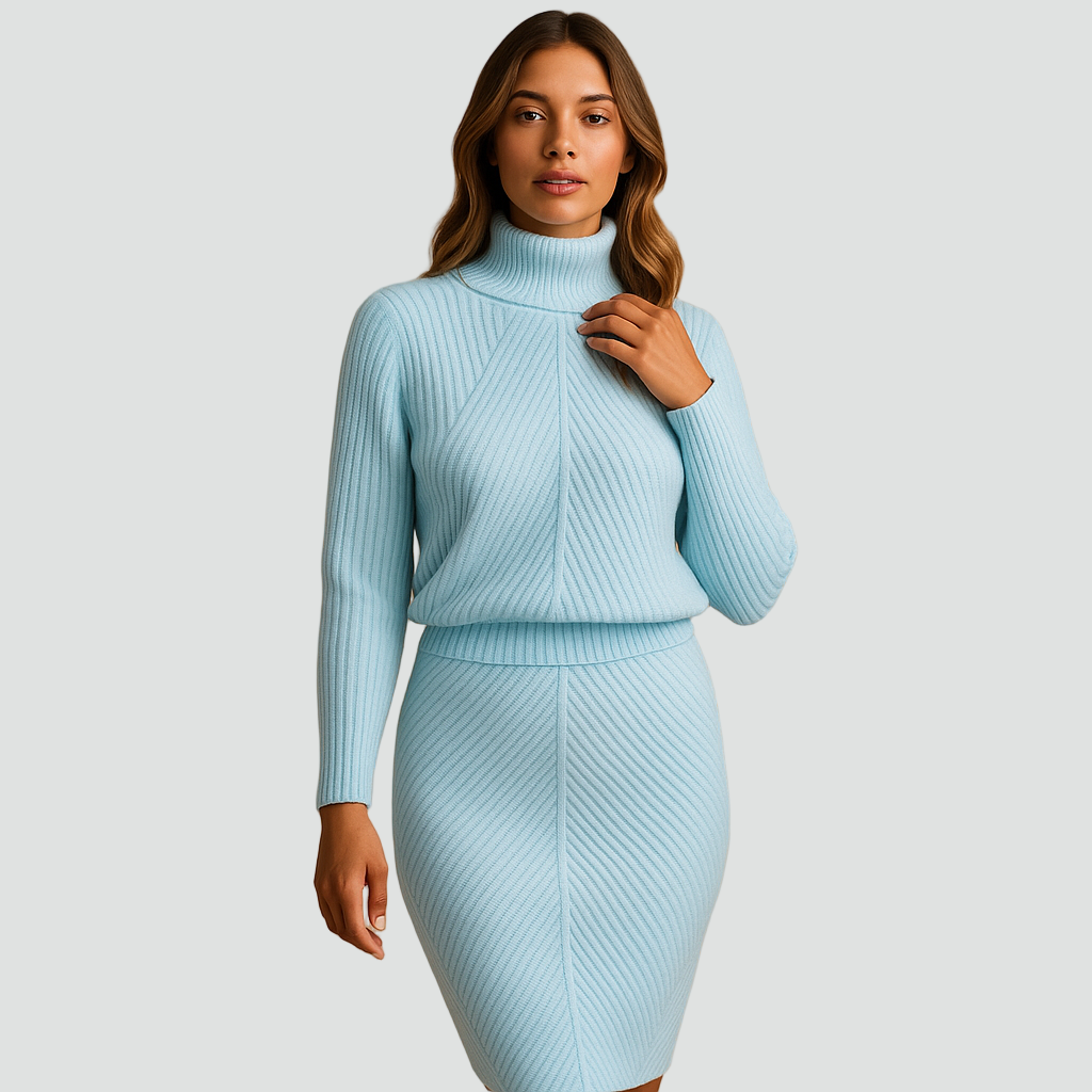 Dzianinowy komplet zimowy z golfem i spódnicą midi