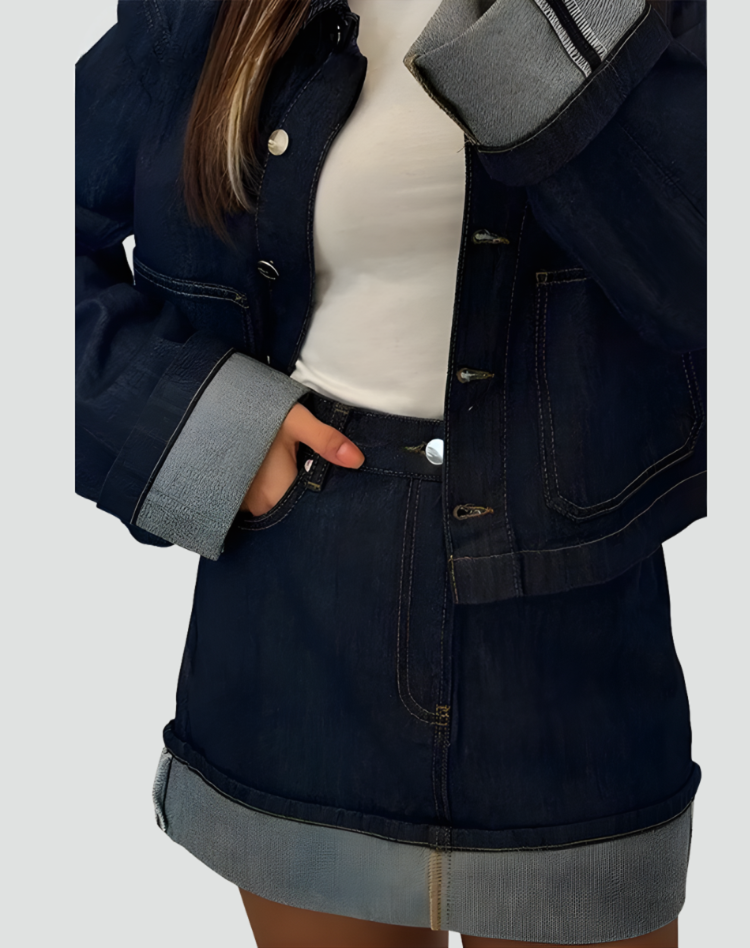 Women's denim set with oversize jacket and mini skirt