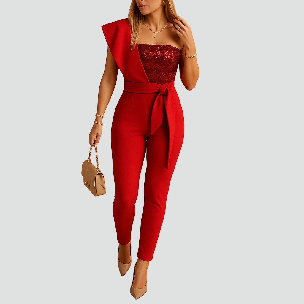 Asymetryczny kombinezon z cekinowym gorsetem i paskiem dla kobiet