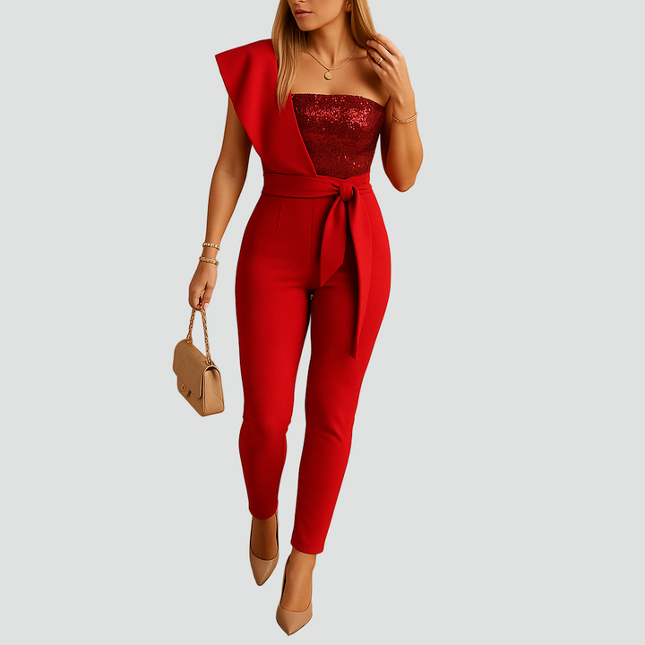 Asymetryczny kombinezon z cekinowym gorsetem i paskiem dla kobiet