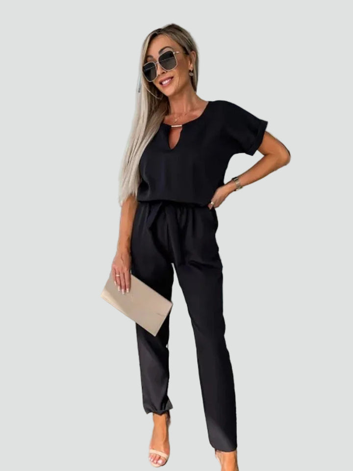 Women's jumpsuit with short sleeves and waist tie
